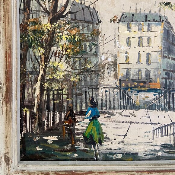 Vintage Parisian Street Scene Oil on Canvas - Picture 6 of 15
